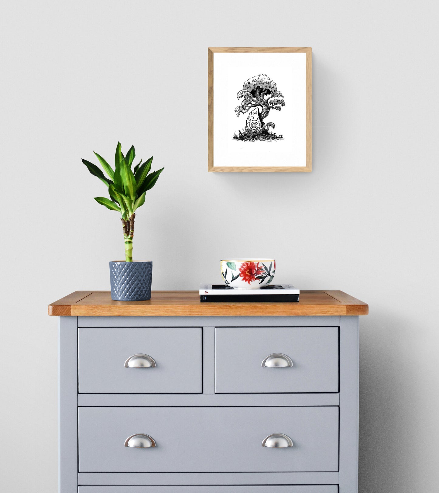 Enchanted Tree & Runestone Art Print – Unframed Pen and Ink Forest Illustration